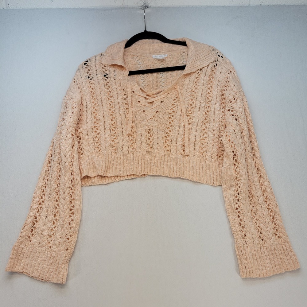 Venus Cropped Sweater Women Medium Peach Crochet Lace Up Open Knit Collared Top